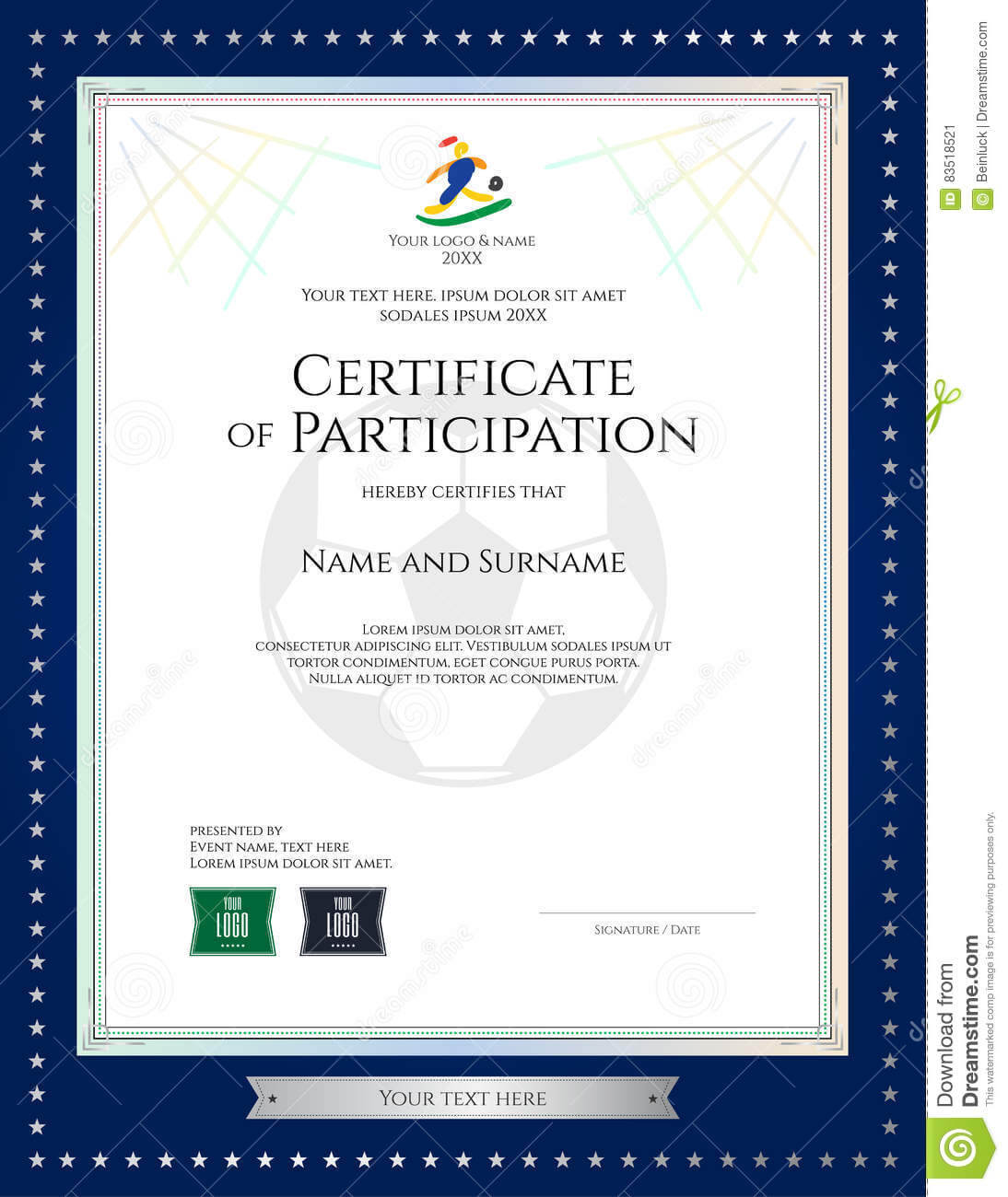 Sport Theme Certificate Of Participation Template Stock Within Football Certificate Template