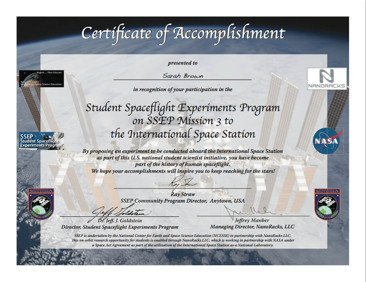 Ssep Mission 3 To Iss Student Certificates Of Accomplishment Intended For Conference Participation Certificate Template