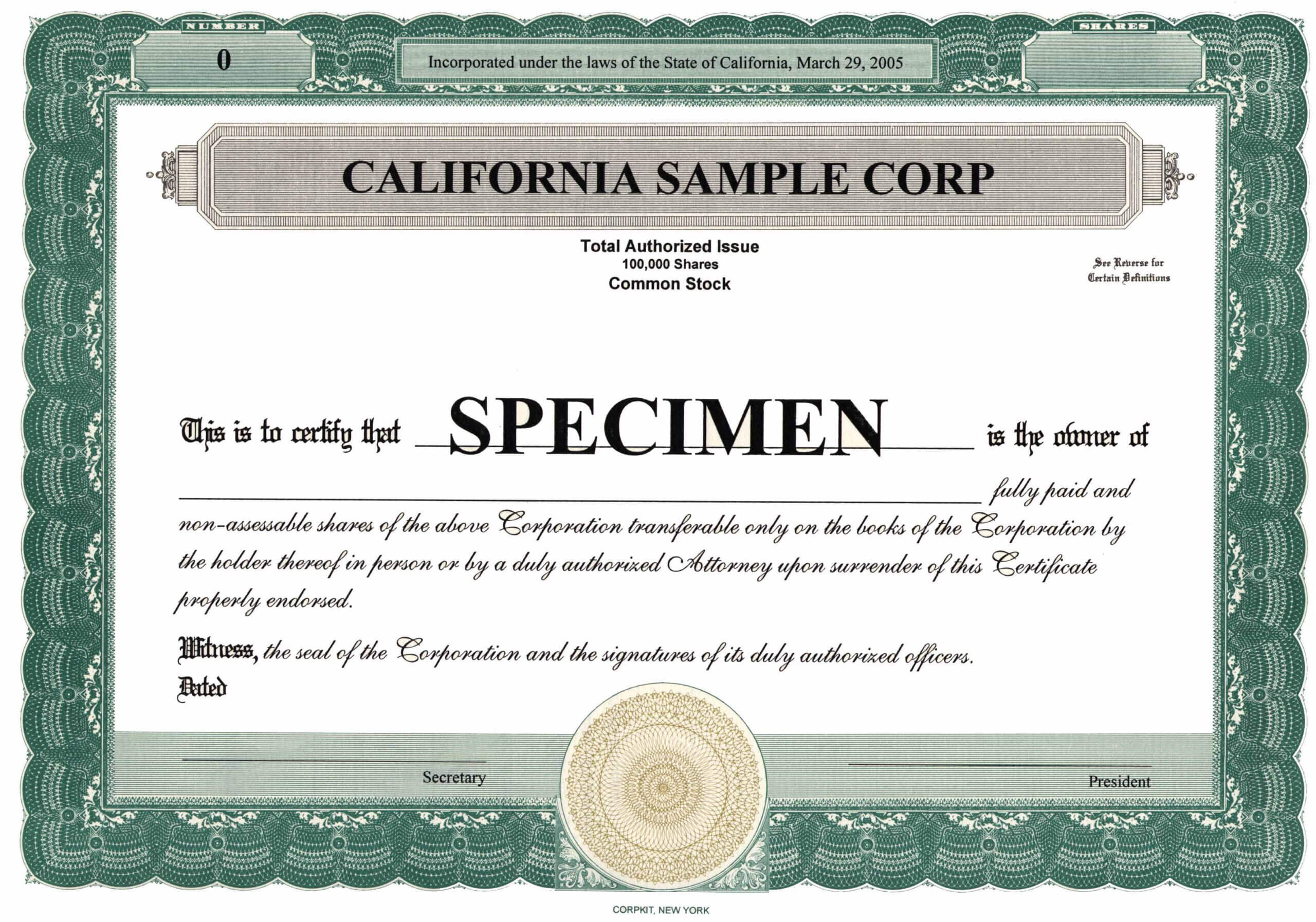 Stock Certificate For A California Corporation Intended For Stock Certificate Template Word