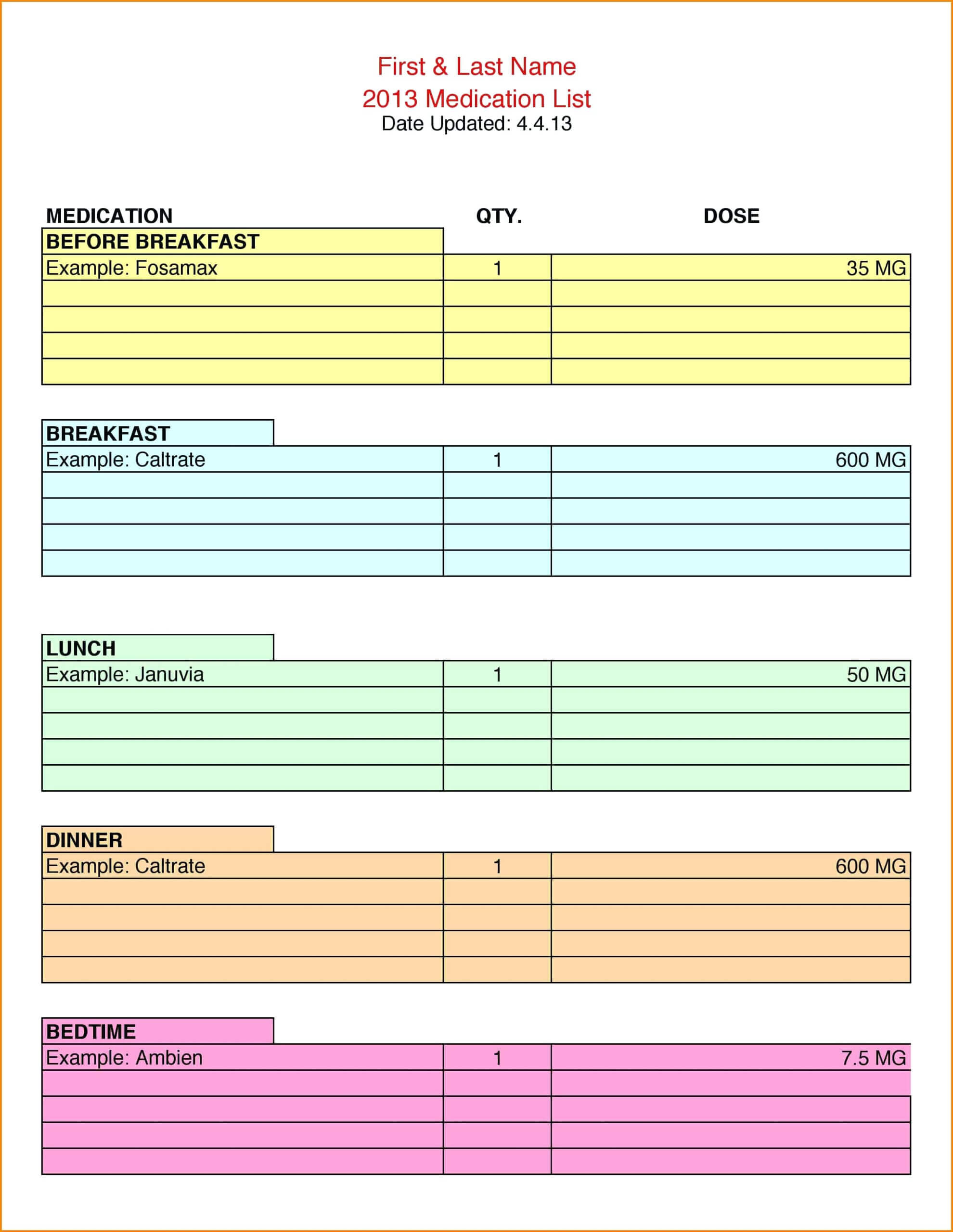 Template For Medication List – Bestawnings Throughout Medication Card Template