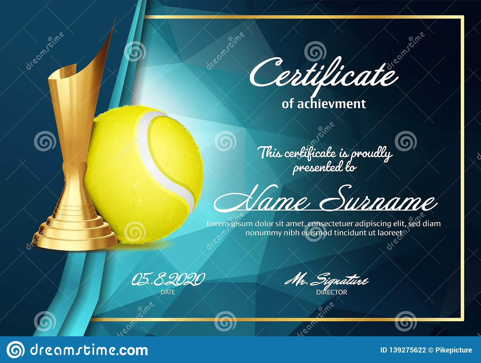 Tennis Certificate Diploma With Golden Cup Vector. Sport Pertaining To Tennis Gift Certificate Template