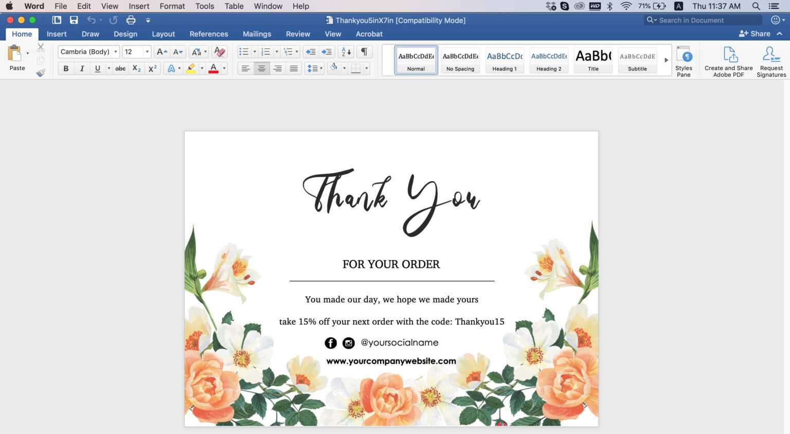 thank you card template word quarter fold Sample Professional Templates