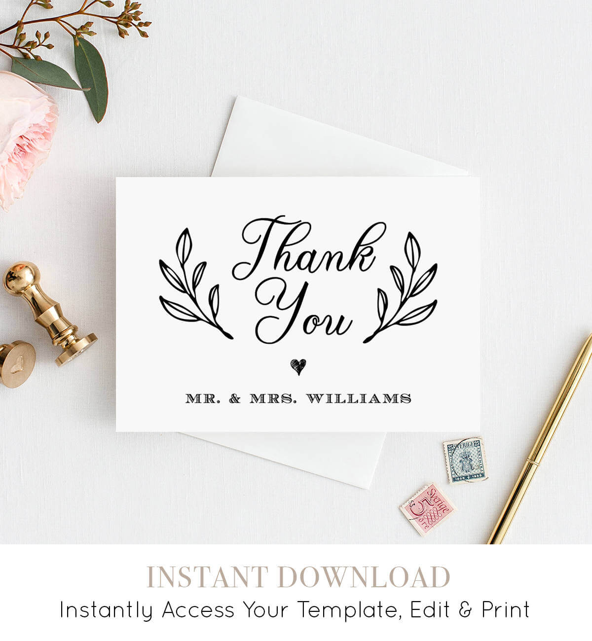 Thank You Card Template, Printable Rustic Wedding Thank For Thank You Note Cards Template
