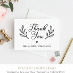 Thank You Card Template, Printable Rustic Wedding Thank Regarding Thank You Note Card Template