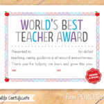 The Fine Porcupine — World's Best Teacher Award, Printable For Best Teacher Certificate Templates Free