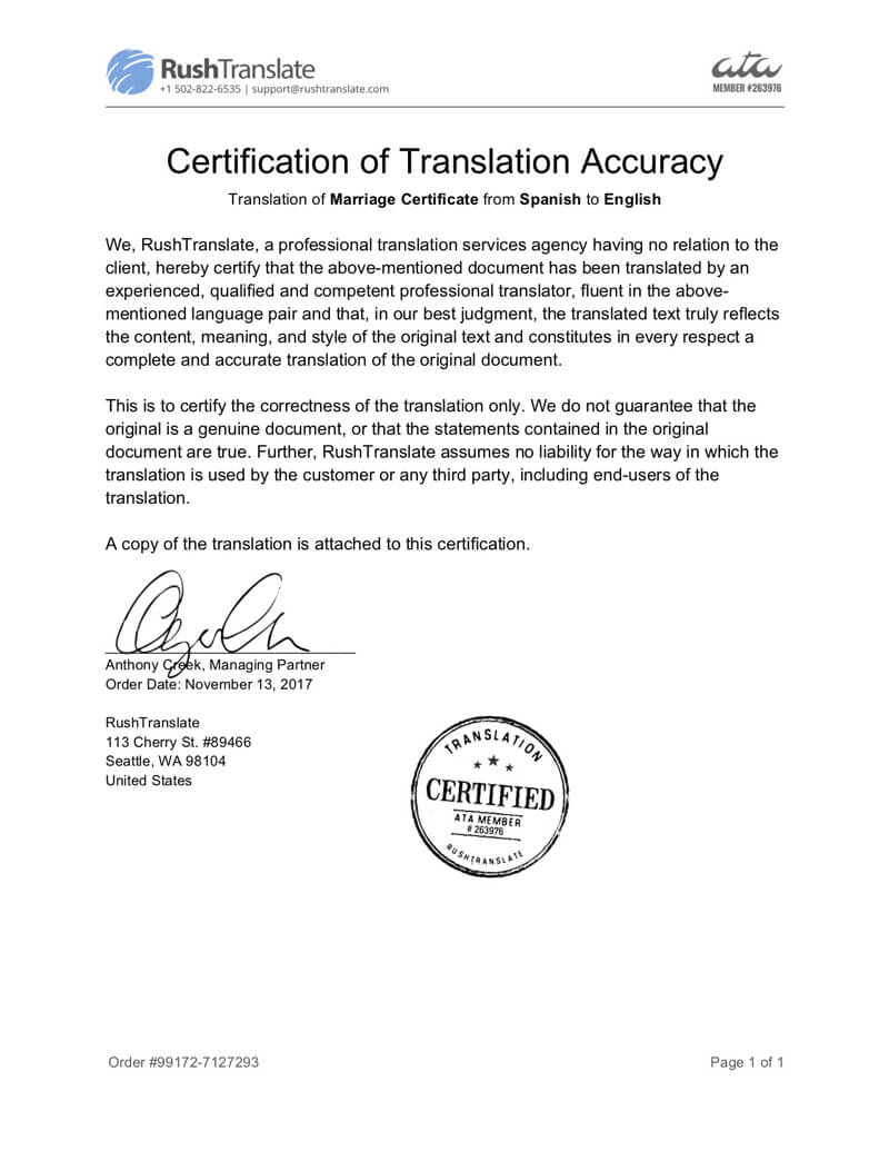 Translation Services For Spanish To English Birth Certificate Translation Template