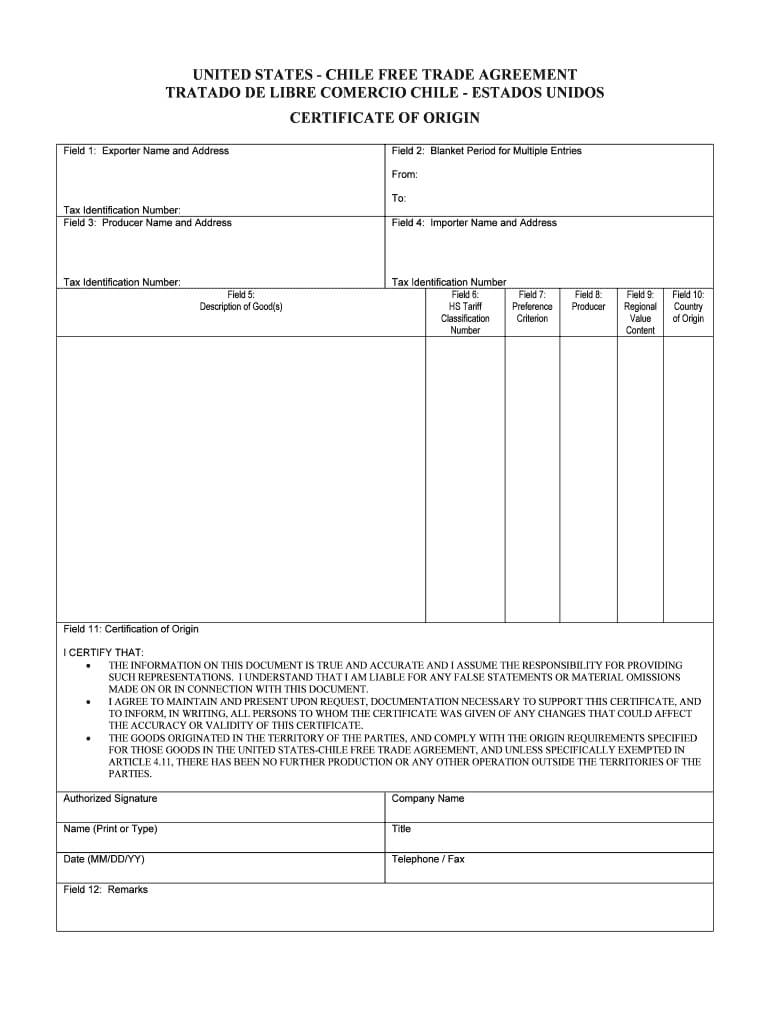 United States Chile Trade Agreement Form – Fill Online With Certificate Of Origin For A Vehicle Template