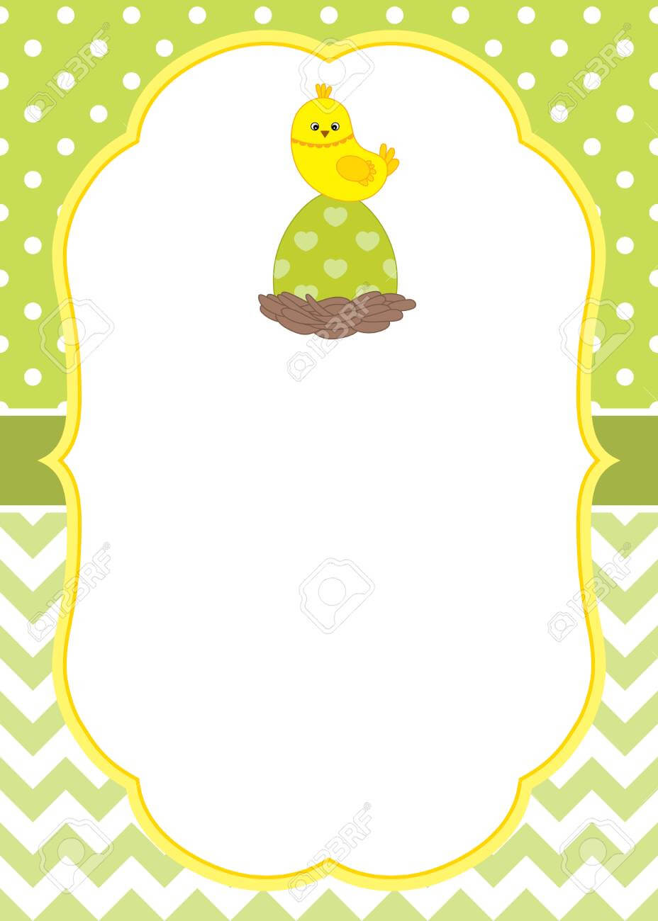 Vector Card Template With A Cute Chick On Polka Dot And Chevron Background.  Vector Easter Egg. Vector Illustration. Intended For Easter Chick Card Template