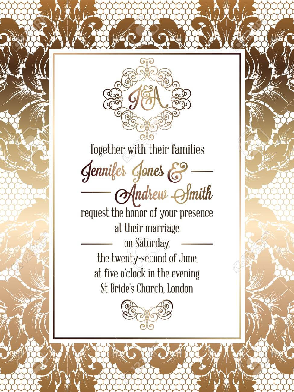 Vintage Baroque Style Wedding Invitation Card Template.. Elegant Formal  Design With Damask Background, Traditional Decoration For Wedding. Gold On In Church Wedding Invitation Card Template