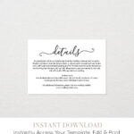 Wedding Details Card Template, Printable Accommodations Within Wedding Hotel Information Card Template