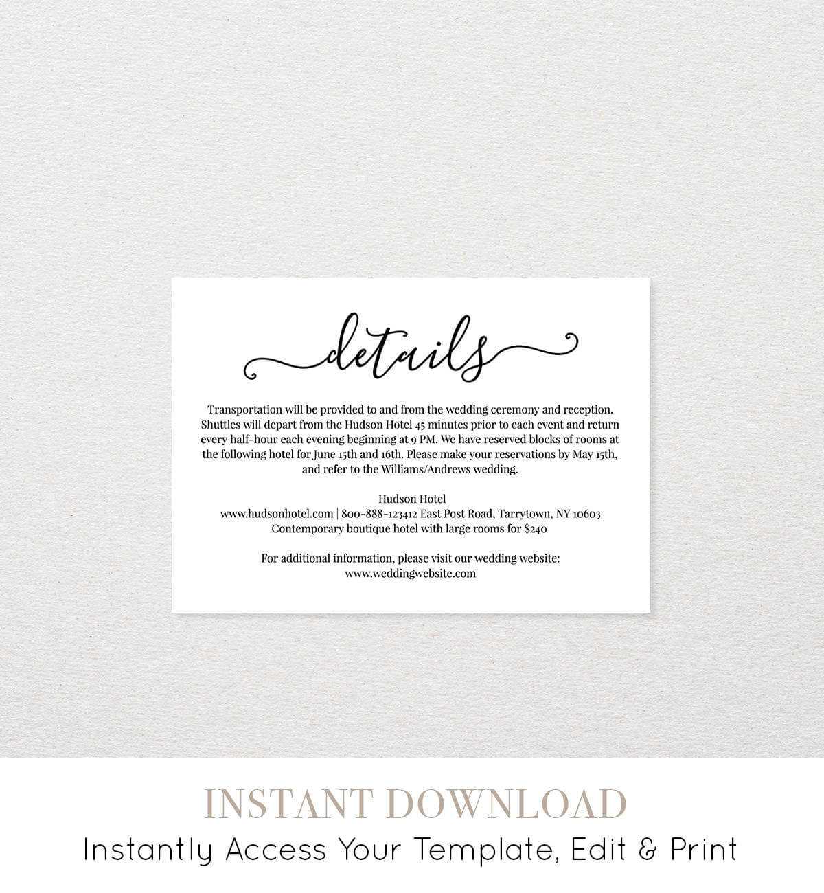 Wedding Details Card Template, Printable Accommodations Within Wedding Hotel Information Card Template