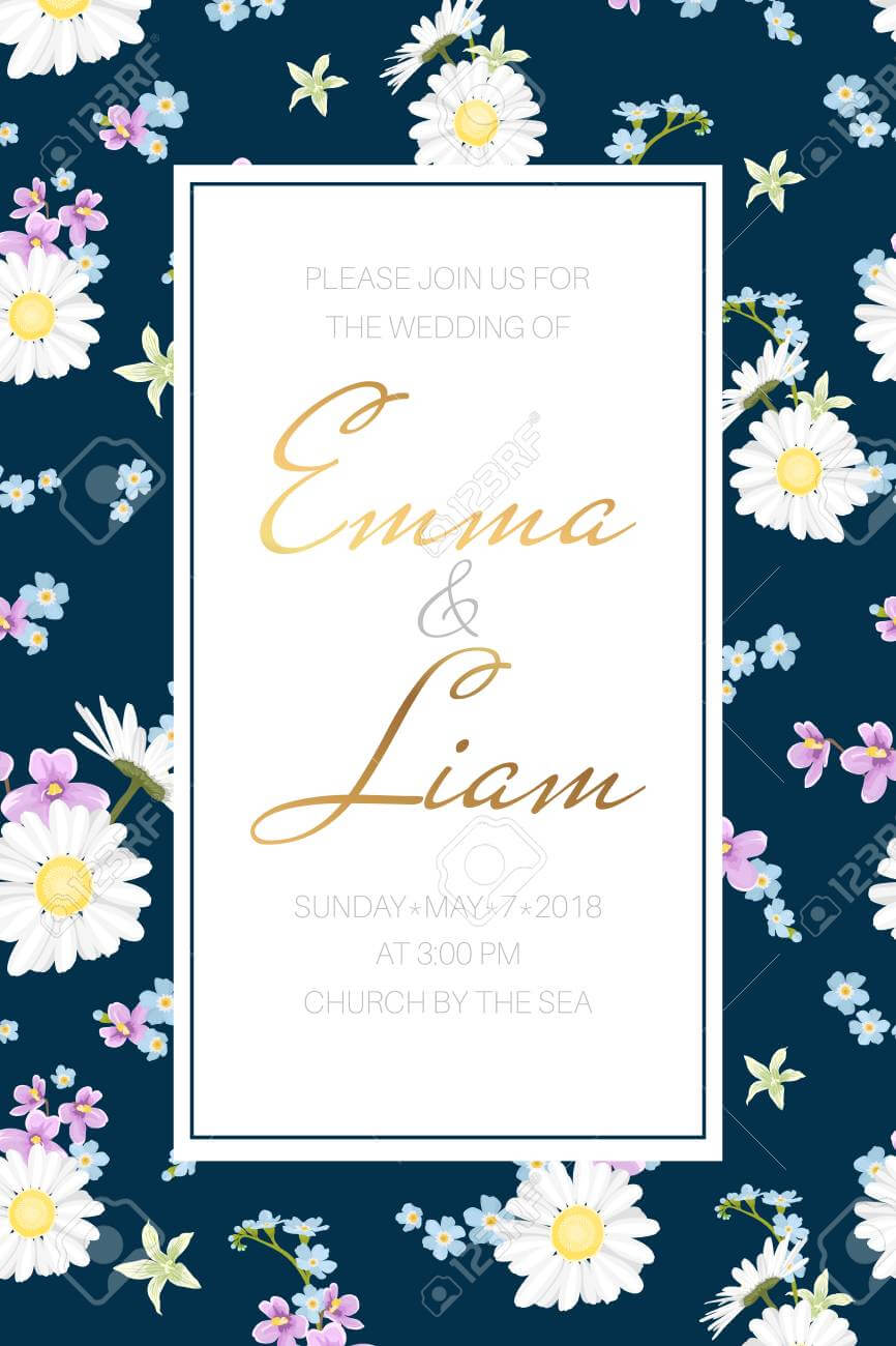 Wedding Marriage Event Invitation Card Template. Chamomile, Forget Me Not,.. Throughout Event Invitation Card Template