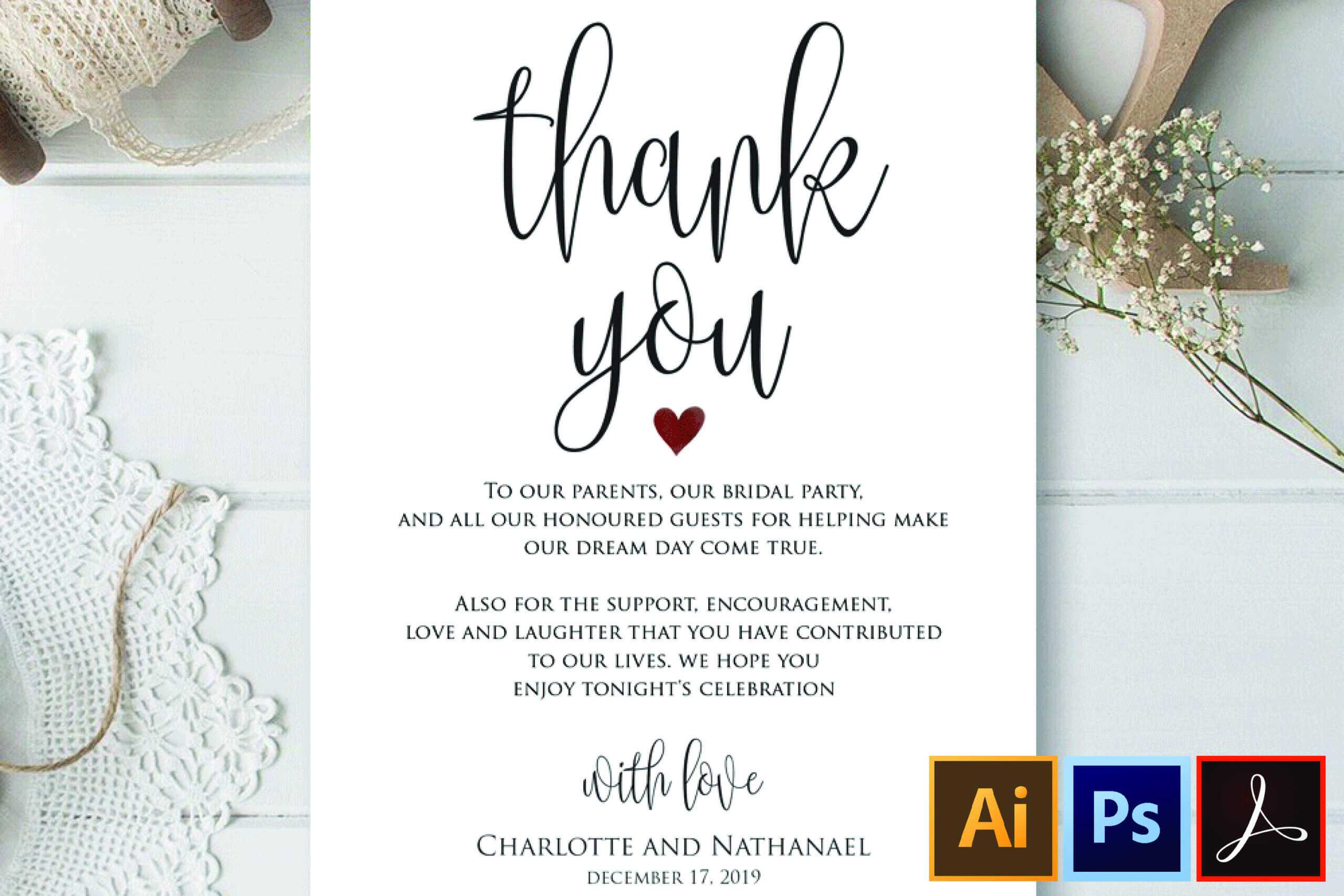 Wedding Thank You Note, Printable Thank You Card Template In Thank You Note Cards Template