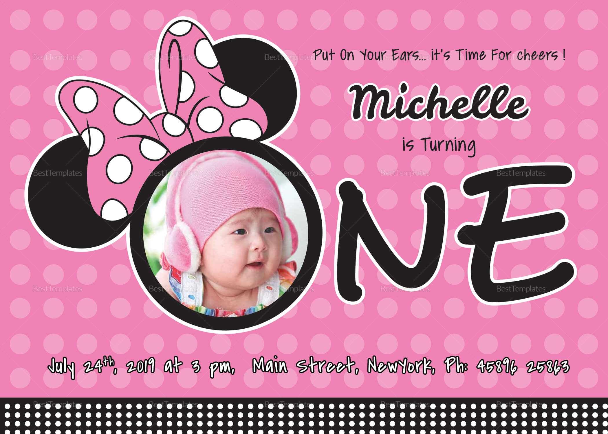 Wonderful Minnie Mouse Birthday Invitation Card Template Regarding Minnie Mouse Card Templates